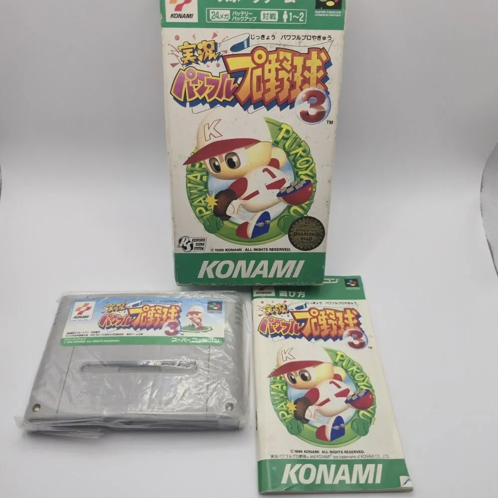 Jikkyou Powerful Pro Yakyuu 3 Super Famicom Japan import Box + Manual US Seller